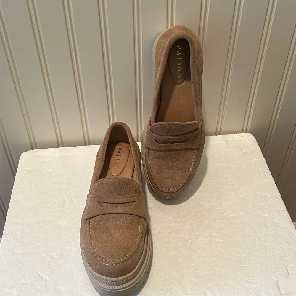 Patina chunky dental platform Tan Suede Loafers cushion leather insoles size 7